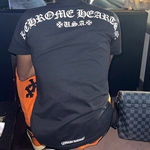 All black tee with white Chrome heart lettering. 100% authentic